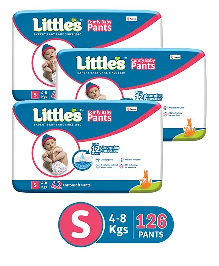 Little's Comfy Baby Pants Diapers Small Size with Wetness Indicator and 12 hours Absorption, S (42 Count) - (Pack of 3)