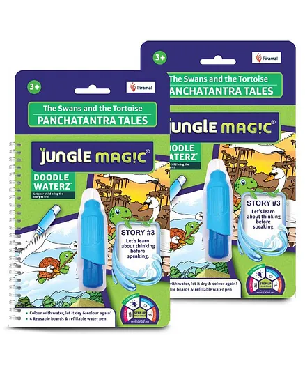 Jungle Magic Doodle Waterz Panchatantra Tales The Swans & The Tortoise Reusable Water Reveal Colouring Book with Water Pen - English (Pack of 2)