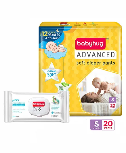 Babyhug Advanced Pant Style Diapers Small - 20 Pieces & Babyhug Pro pH 55 Moisture Balance Bamboo Wipes - 72 pieces