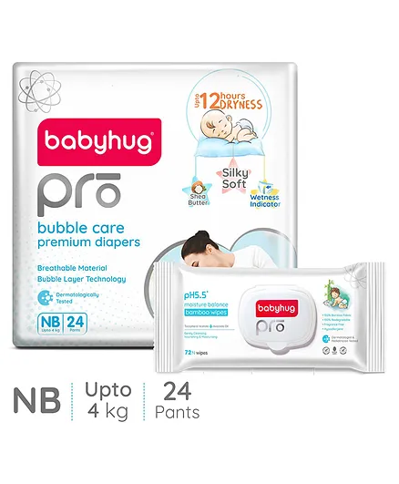 Babyhug Pro Bubble care premium Pant Style Diaper New Born - 24 Pieces & Babyhug Pro pH 55 Moisture Balance Bamboo Wipes - 72 pieces