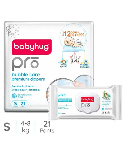 Babyhug Pro Bubble care premium Pant Style Diaper Small - 21 Pieces & Babyhug Pro pH 55 Moisture Balance Bamboo Wipes - 72 pieces