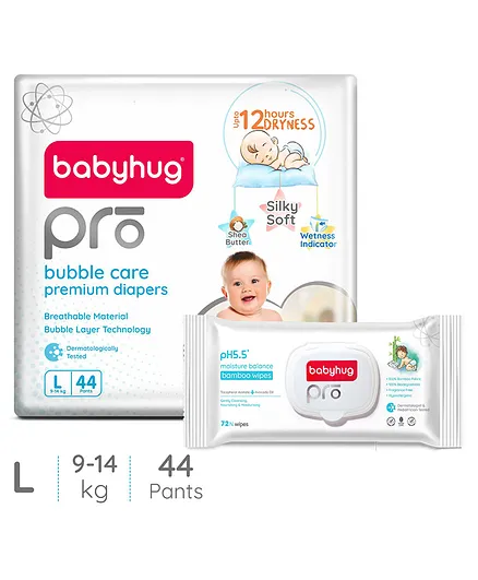 Babyhug Pro Bubble care premium Pant Style Diaper Large - 44 Pieces & Babyhug Pro pH 55 Moisture Balance Bamboo Wipes - 72 pieces