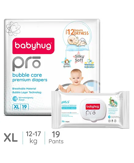 Babyhug Pro Bubble care premium Pant Style Diaper Extra Large - 19 Pieces & Babyhug Pro pH 55 Moisture Balance Bamboo Wipes - 72 pieces