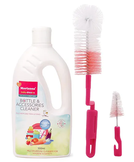 Morisons Baby Dreams Bottle & Accessories Cleaner - 500 ml and Morisons Baby Dreams Rotary Bottle Cleaning Brush - Pink