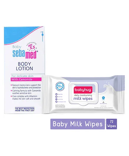 Sebamed Baby Lotion - 400 ml (Packaging May Vary) & Babyhug Daily Moisturising Milk Wipes - 72 Pieces Combo