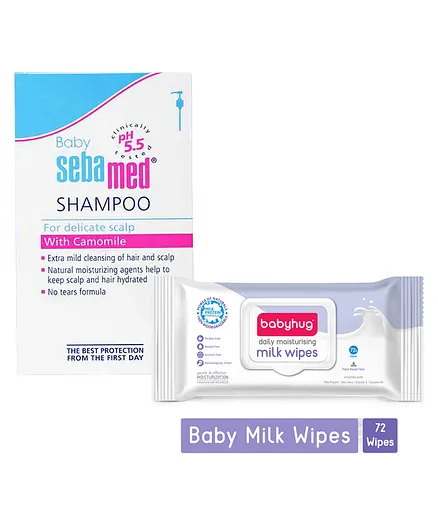 Sebamed Childrens Shampoo - 500 ml (Packaging May Vary)&Babyhug Daily Moisturising Milk Wipes - 72 Pieces Combo
