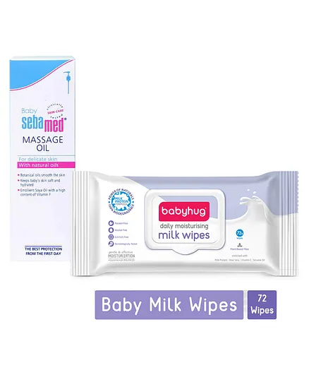 Sebamed Soothing Baby Massage Oil - 150 ml (Packaging May Vary)&Babyhug Daily Moisturising Milk Wipes - 72 Pieces Combo
