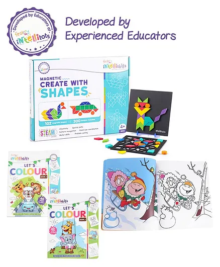 Intelliskills STEAM Series Magnetic Create with Shapes - 300- Patterns & Let?s Colour Book 1 & Let?s Colour Book 2