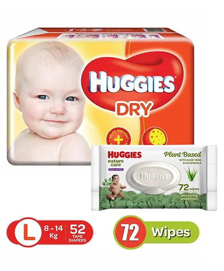 Huggies Dry Taped Diapers Large - 52 Pieces & Huggies Nature Care Baby Wipes Plant Based with Aloe Vera & Calendula - 72 pieces