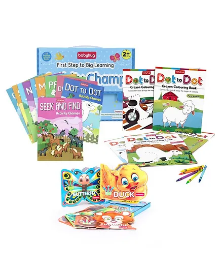 Babyhug First Step to Big Learning Activity Champ Books Set with Dot to Dot Colouring Activity Books & 5 In 1 Story & Activity Animal Shape Books
