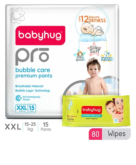 Babyhug Pro Bubble Care Premium Pant Style Diapers X Extra Large - 15 Pieces & Babyhug Premium 98% Water Baby Wet Wipes - 80 Pieces
