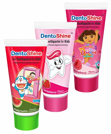 DentoShine Gel Toothpaste for Kids - Pack of 3 Flavors (Strawberry, Watermelon & Raspberry, 80 g each)