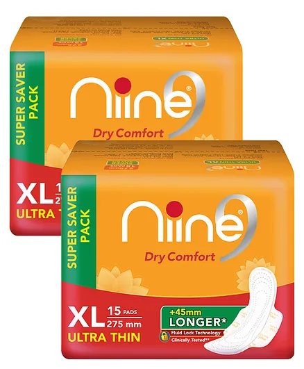 Niine Dry Comfort Ultra Thin XL Sanitary Pads With Fluid Lock Gel Technology - 15 Pieces - (Pack of 2)