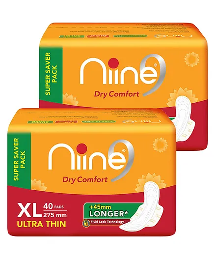 Niine Dry Comfort Ultra Thin XL Sanitary Pads With Fluid Lock Gel Technology - 40 Pieces - (Pack of 2)