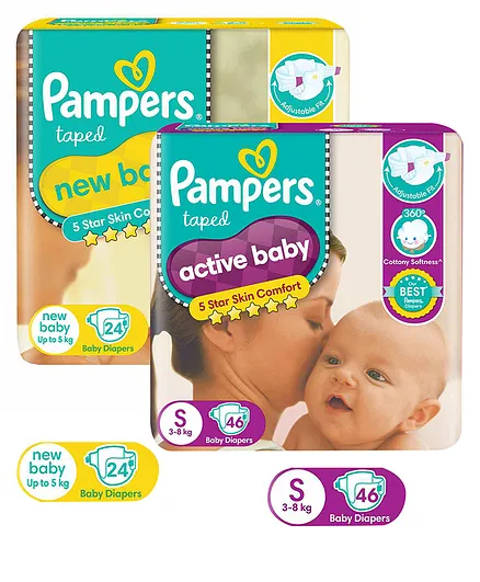 Pampers Active Baby Diapers Small - 46 Pieces & Pampers New Baby Diapers New Born - 24 Pieces