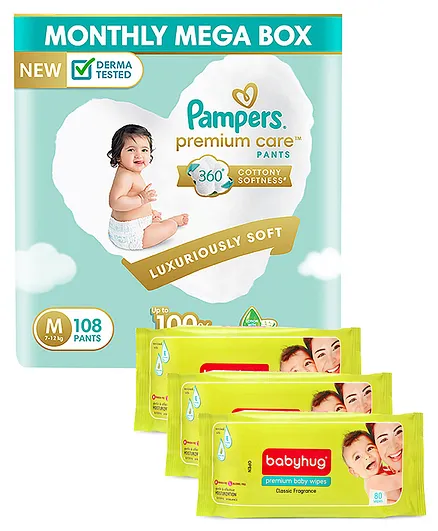 Pampers Premium Care Pant Style Diapers Medium Size Monthly Pack - 108 Pieces & Babyhug Premium Baby Wipes - 80 Pieces ( Pack of 3 )