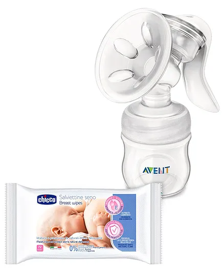 Combo of Avent - Comfort Manual Breast Pump & Chicco Cleansing Breast Wipes - 72 Pieces