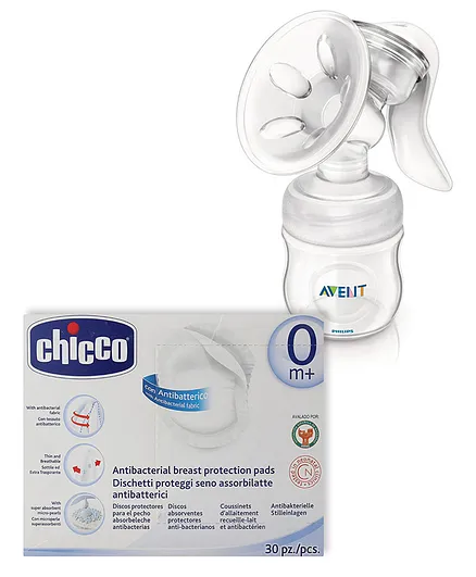 Combo of Avent - Comfort Manual Breast Pump & Chicco Natural Feeling Antibacterial Breast Protection Pads - 30 Pieces