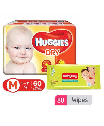 Huggies New Dry Taped Diapers Medium - 60 Pieces & Babyhug Premium Baby Wipes - 80 Pieces (Pack of 2)