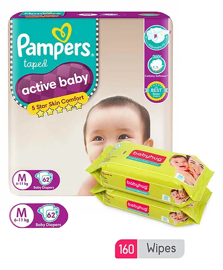 Pampers Active Baby Diapers Medium - 62 Pieces &  Babyhug Premium Baby Wipes - 80 Pieces (Pack of 2)