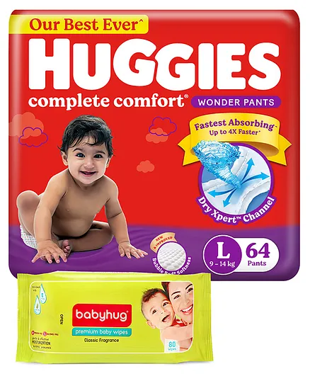 Huggies Wonder Pants Large Size Pant Style Diapers - 64 Pieces & Babyhug Premium Baby Wipes - 80 Pieces