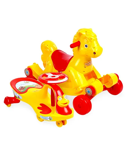Babyhug Rock 'O' Ride Pony Ride-on  AND Babyhug Froggy Gyro Swing Car With Easy Steering Wheel (Yellow)
