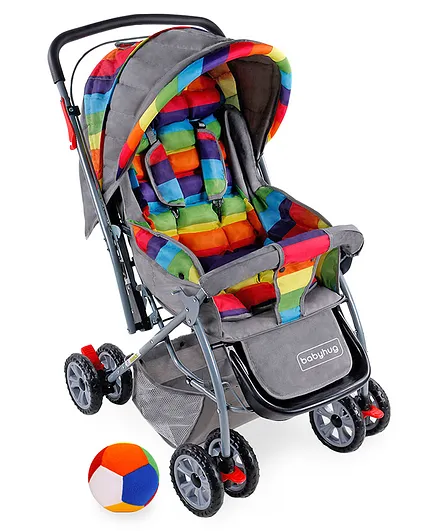 Babyhug Cosy Cosmo Stroller With Reversible Handle & Back Pocket - Vibgyor AND Babyhug Soft Ball Multicolor - 36 cm