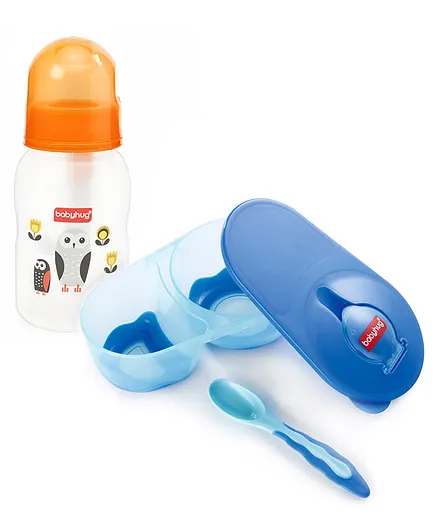 Babyhug Cereal Feeder With Spoon Orange - 150 ml & Compartment Feeding Bowl With Lid & Spoon - Blue Combo Pack