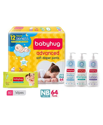 Babyhug Daily Skin & Hair Care Gift Set - 400 ml with Babyhug Diaper  Newborn- 64 Pieces and Babyhug Classic Wipes - 80 Pieces