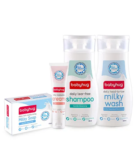 Babyhug Cream 100 ml , Moisturizing Bathing bar 125gm,  Shampoo 200 ml, Milky wash 200 ml