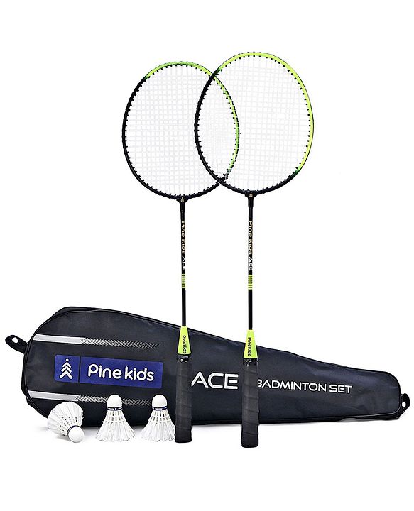 Pine Kids Badminton Set - Green & Black | Includes 2 Lightweight Rackets & 3 Shuttlecocks | Strong Frame, Easy Grip Handle | Perfect Outdoor/Indoor Sports Game for Kids.