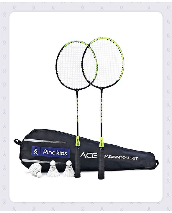 Pine Kids Badminton Set - Green & Black | Includes 2 Lightweight Rackets & 3 Shuttlecocks | Strong Frame, Easy Grip Handle | Perfect Outdoor/Indoor Sports Game for Kids.
