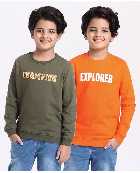 Pine Kids Full Sleeves Bio Washed Sweatshirt Text Graphic Pack of 2 - Orange & Green