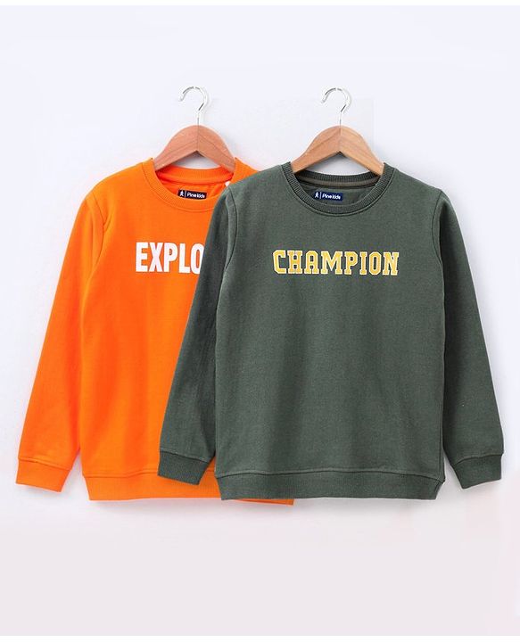 Pine Kids Full Sleeves Bio Washed Sweatshirt Text Graphic Pack of 2 - Orange & Green