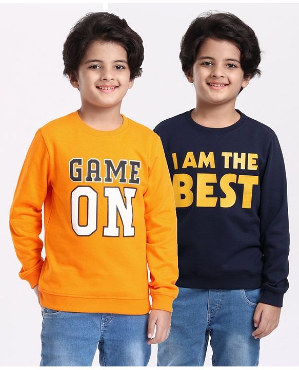 Pine Kids Full Sleeves Bio Washed Sweatshirt Text Graphic Pack of 2 - Yellow & Blue
