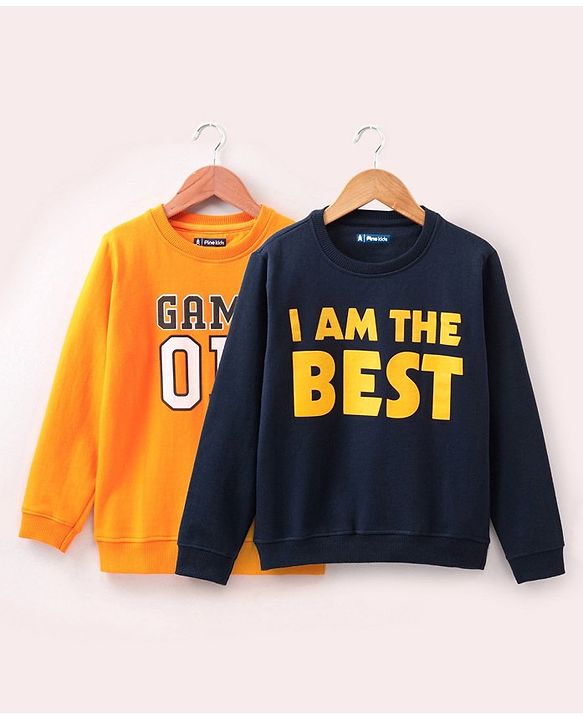 Pine Kids Full Sleeves Bio Washed Sweatshirt Text Graphic Pack of 2 - Yellow & Blue