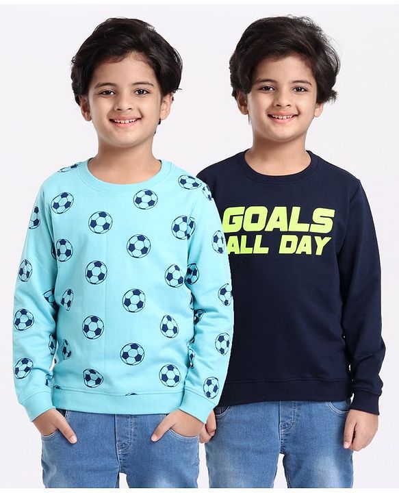 Pine Kids Full Sleeves Bio Washed Sweatshirt Football Print Pack of 2 - Aqua & Blue