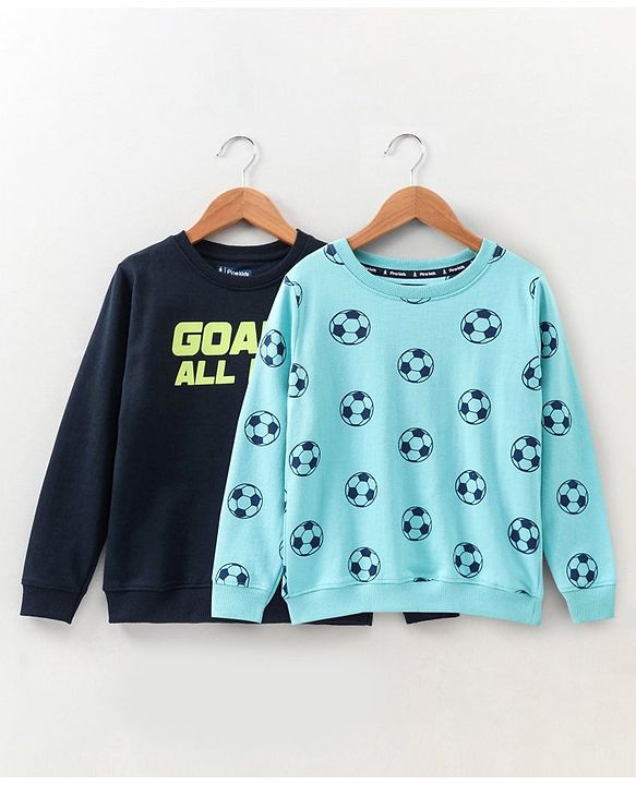 Pine Kids Full Sleeves Bio Washed Sweatshirt Football Print Pack of 2 - Aqua & Blue