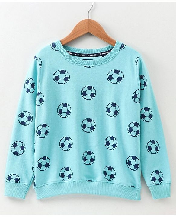 Pine Kids Full Sleeves Bio Washed Sweatshirt Football Print Pack of 2 - Aqua & Blue