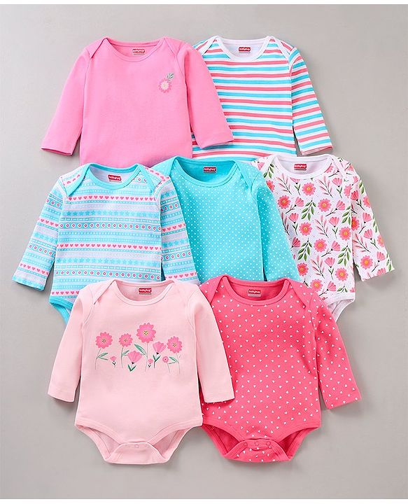 Babyhug Full Sleeves 100% Cotton Onesies Pack of 7 - Multicolor