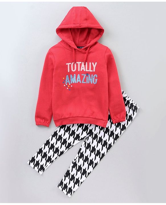 Pine Kids Full Sleeves Top & Bottomwear Set Text Print - Pink Black