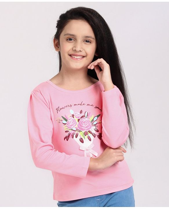 Pine Kids Full Sleeves Biowashed Top Flowers Print - Candy Pink