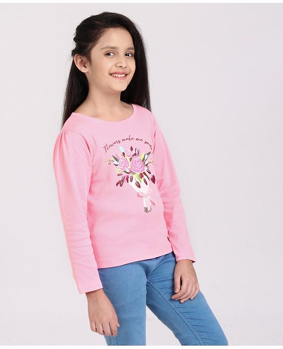 Pine Kids Full Sleeves Biowashed Top Flowers Print - Candy Pink