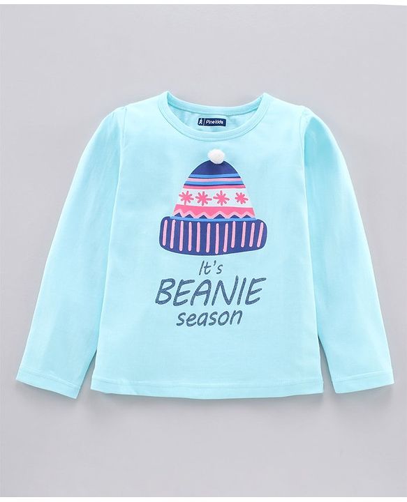 Pine Kids Full Sleeves Bio Washed T-Shirt Beanie Graphic  - Turquoise