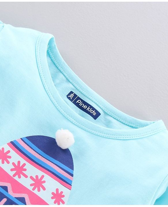 Pine Kids Full Sleeves Bio Washed T-Shirt Beanie Graphic  - Turquoise