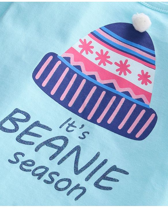 Pine Kids Full Sleeves Bio Washed T-Shirt Beanie Graphic  - Turquoise
