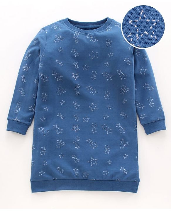 Pine Kids Full Sleeves Bio Wash Frock Printed - Blue