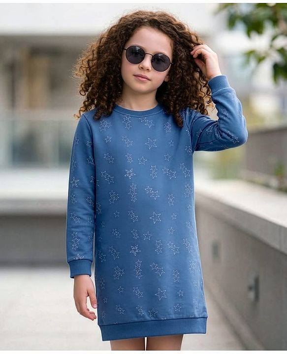 Pine Kids Full Sleeves Bio Wash Frock Printed - Blue
