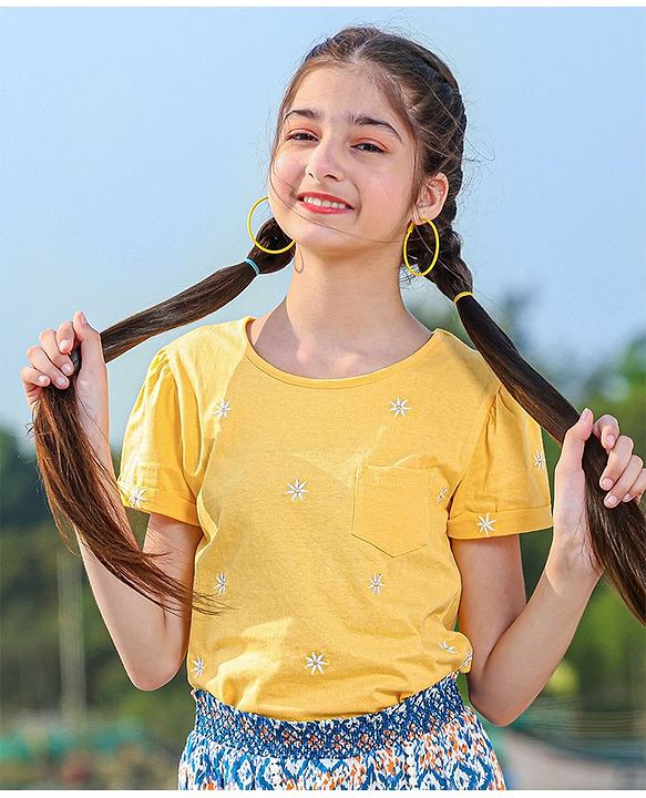 Pine Kids Half Sleeves Bio Washed Top Floral Embroidery - Yellow