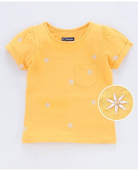Pine Kids Half Sleeves Bio Washed Top Floral Embroidery - Yellow